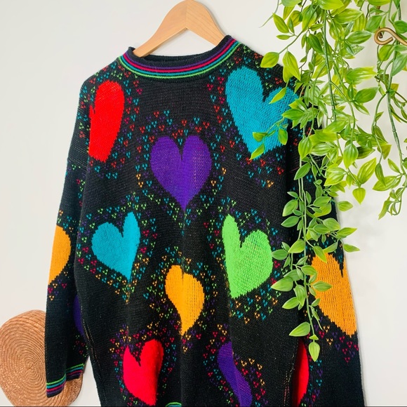 VINTAGE | 80s Love Shack Hearts Funky Retro Neon Oversized Slouchy Sweater Top - Picture 3 of 5